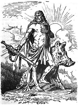 Eine Zeichnung von einem leicht bekleideten, bärtigen Mann, der ein Schwert hält, und hinter dem ein Eber steht.