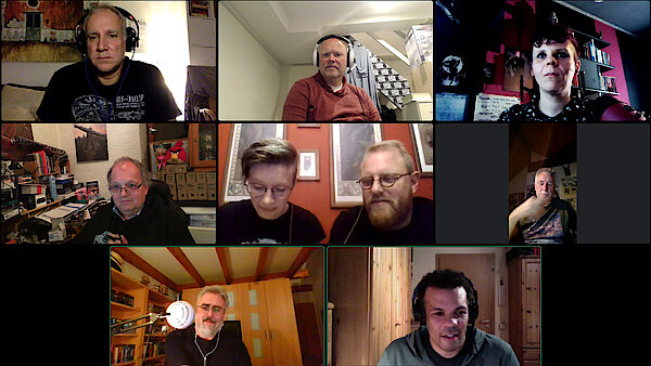 Im Video-Chat von oben links nach rechts unten: Allan, Axel, Anette, dirk, die Vögte Holger, Thorsten und James
