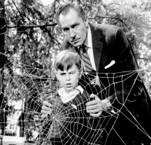 Price als Delambre und der Junge Philippe vor dem Netz der Spinne, in dem »Die Fliege« ihr Ende findet (c) Centfox